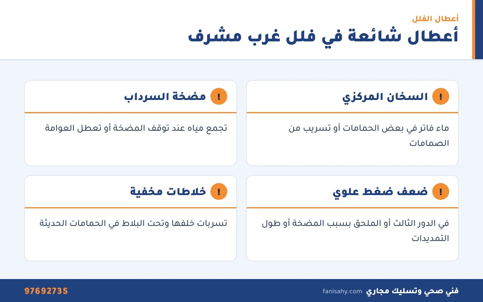 إنفوجرافيك فني صحي غرب مشرف لأكثر أعطال السباكة شيوعًا في فلل المنطقة