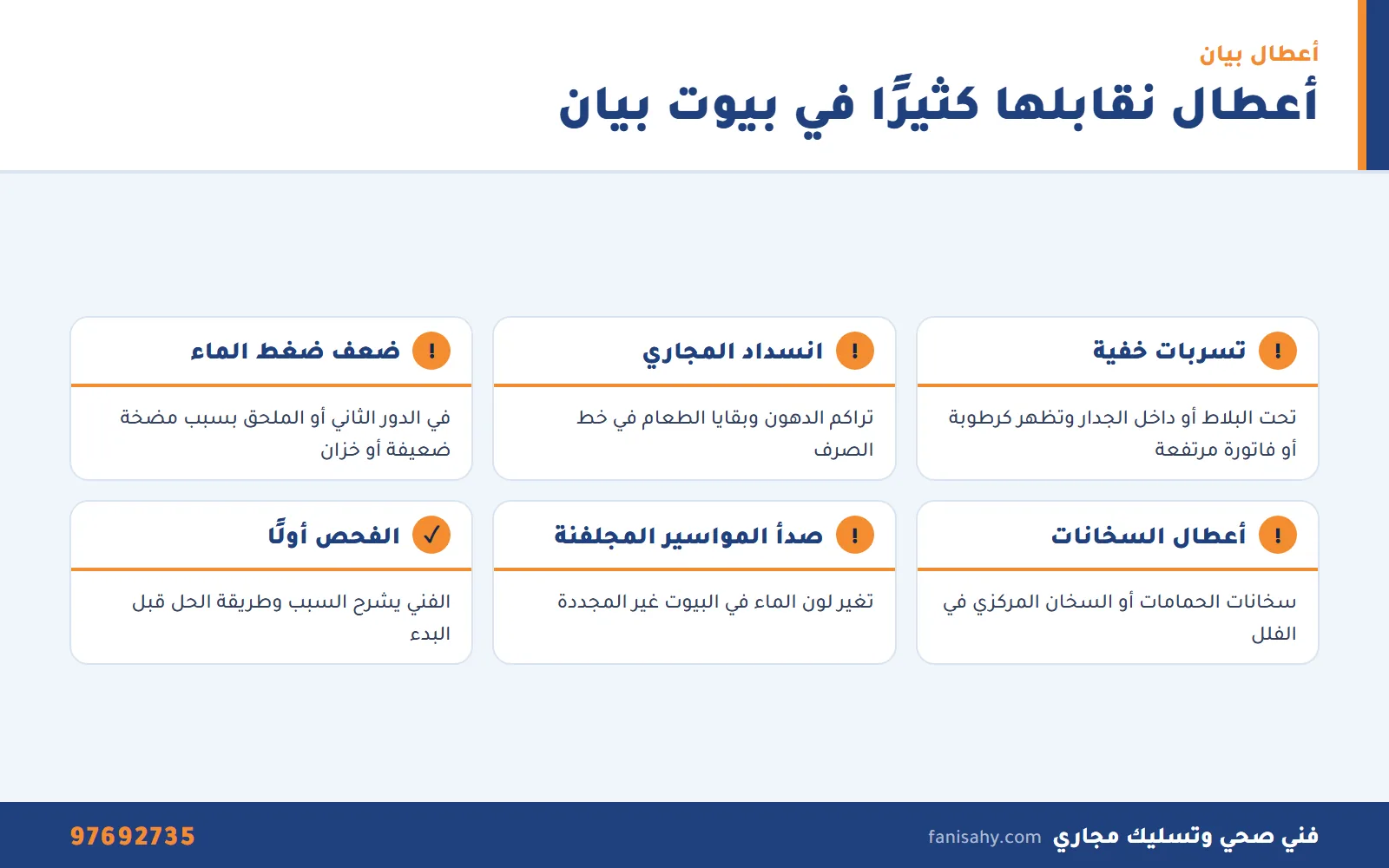 إنفوجرافيك أكثر أعطال السباكة في فلل وقسائم بيان التي يصلحها فني صحي بيان