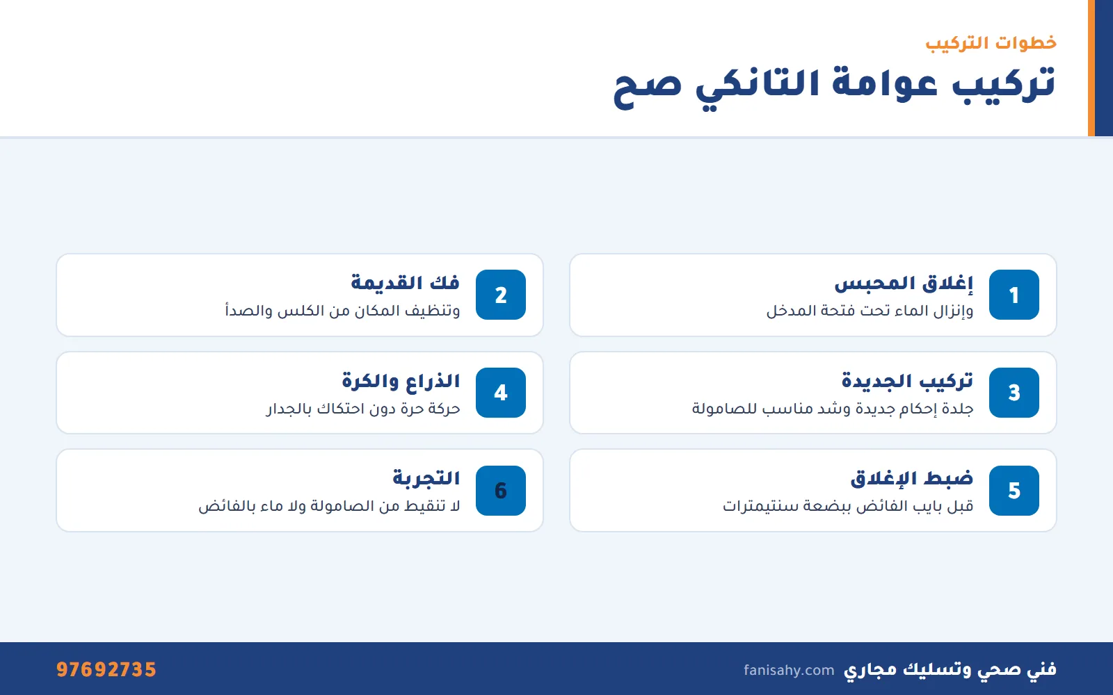 تركيب عوامة تانكي المياه بالكويت: الأنواع وخطوات التركيب والضبط 1 إنفوجرافيك خطوات تركيب عوامة تانكي المياه من إغلاق المحبس حتى التجربة