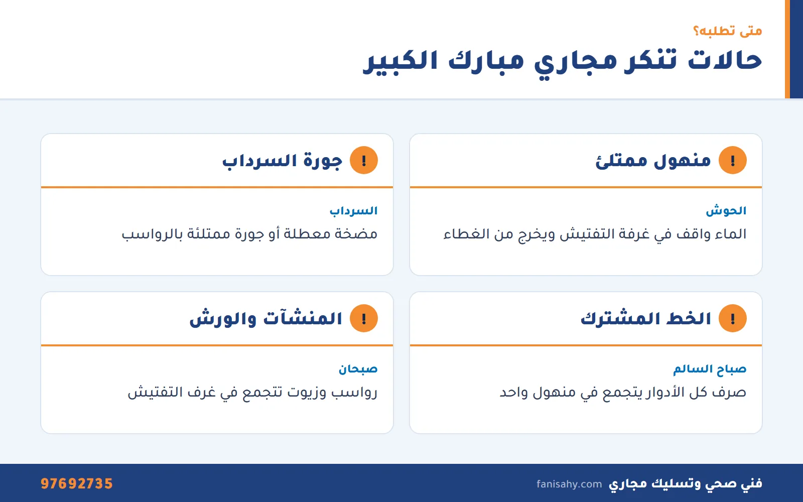 إنفوجرافيك الحالات التي تحتاج تنكر مجاري مبارك الكبير لشفط المناهيل والجور