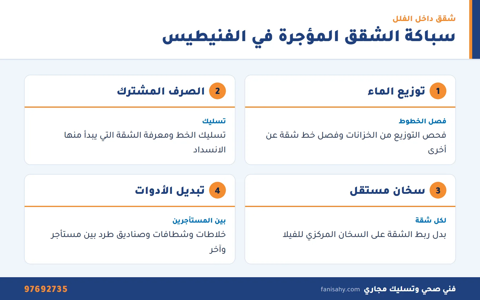 بطاقات خدمات سباكة الشقق المؤجرة داخل فلل الفنيطيس من فني صحي الفنيطيس