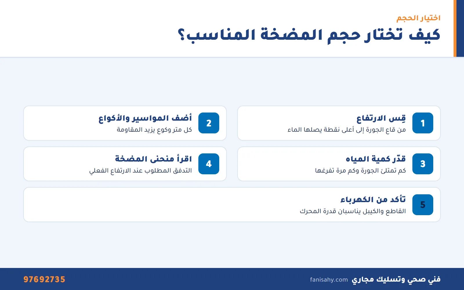 اسعار مضخات المياه الغاطسة بالكويت: العوامل المؤثرة وكيف تختار المضخة المناسبة 2 إنفوجرافيك خطوات اختيار حجم المضخة الغاطسة قبل مقارنة اسعار مضخات المياه الغاطسة بالكويت