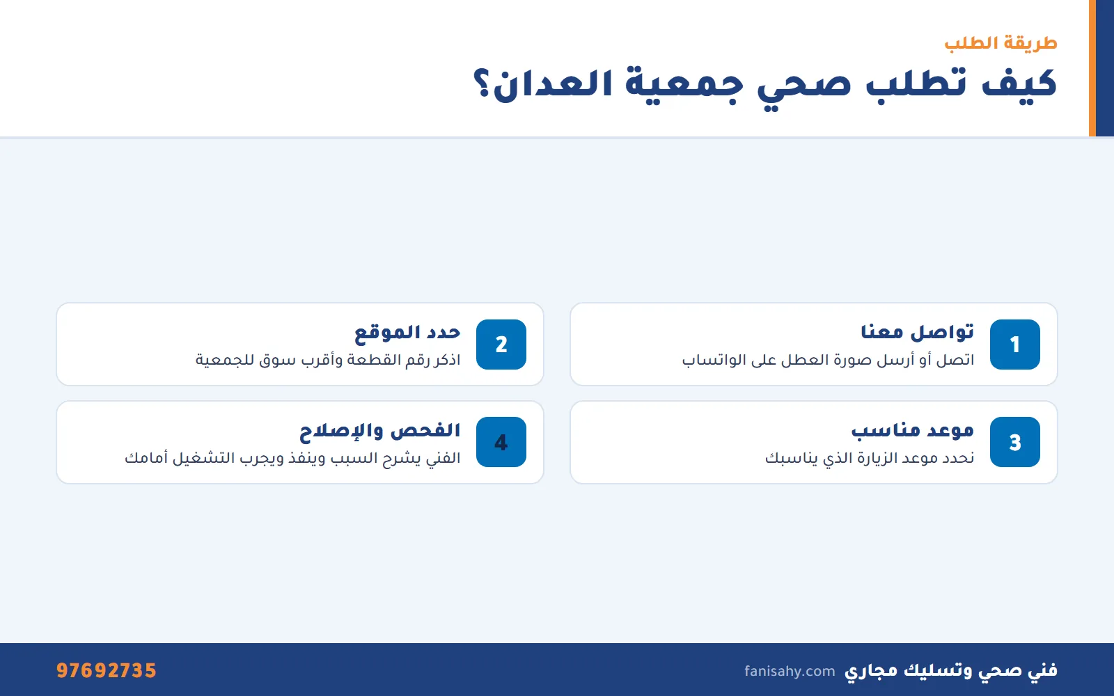 إنفوجرافيك خطوات طلب فني صحي جمعية العدان من التواصل حتى تجربة التشغيل