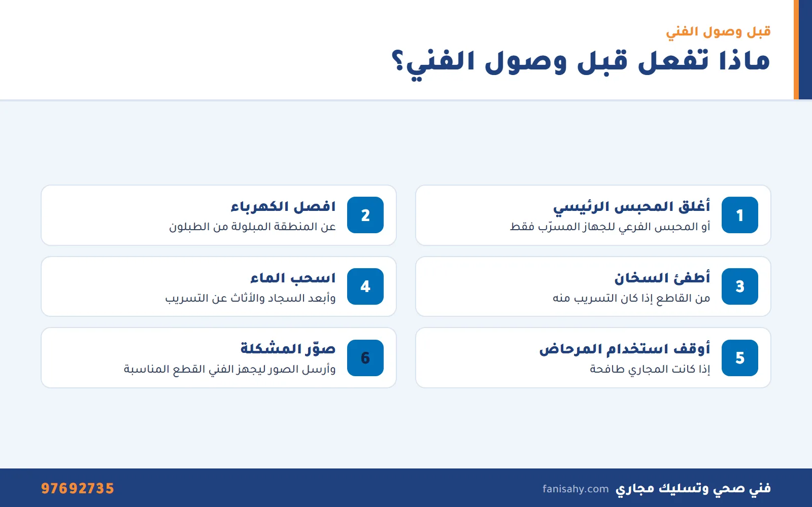 إنفوجرافيك خطوات تقليل الضرر قبل وصول فني صحي 24 ساعة في طوارئ السباكة