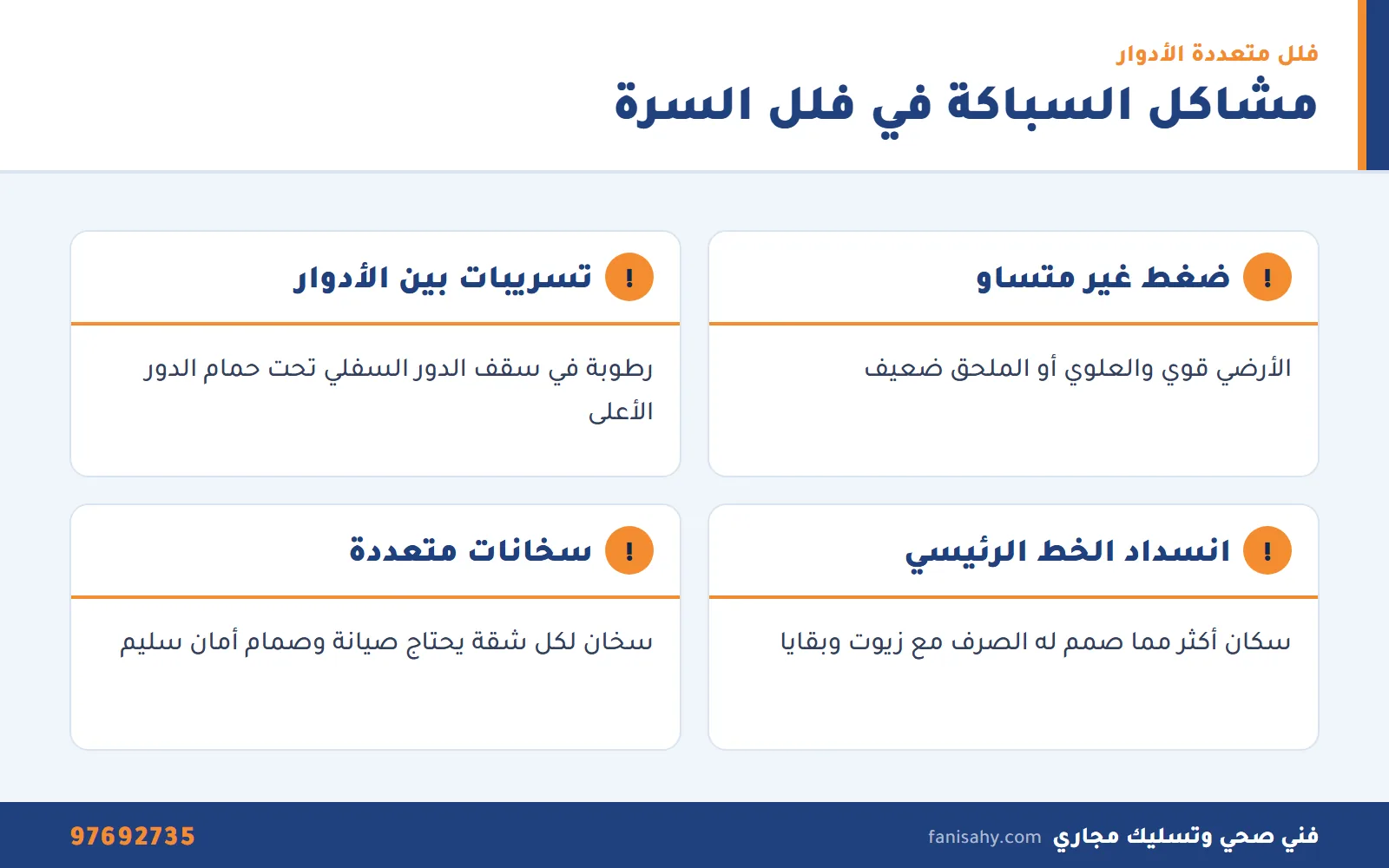 إنفوجرافيك فني صحي السره يوضح مشاكل السباكة المتكررة في فلل السرة متعددة الأدوار