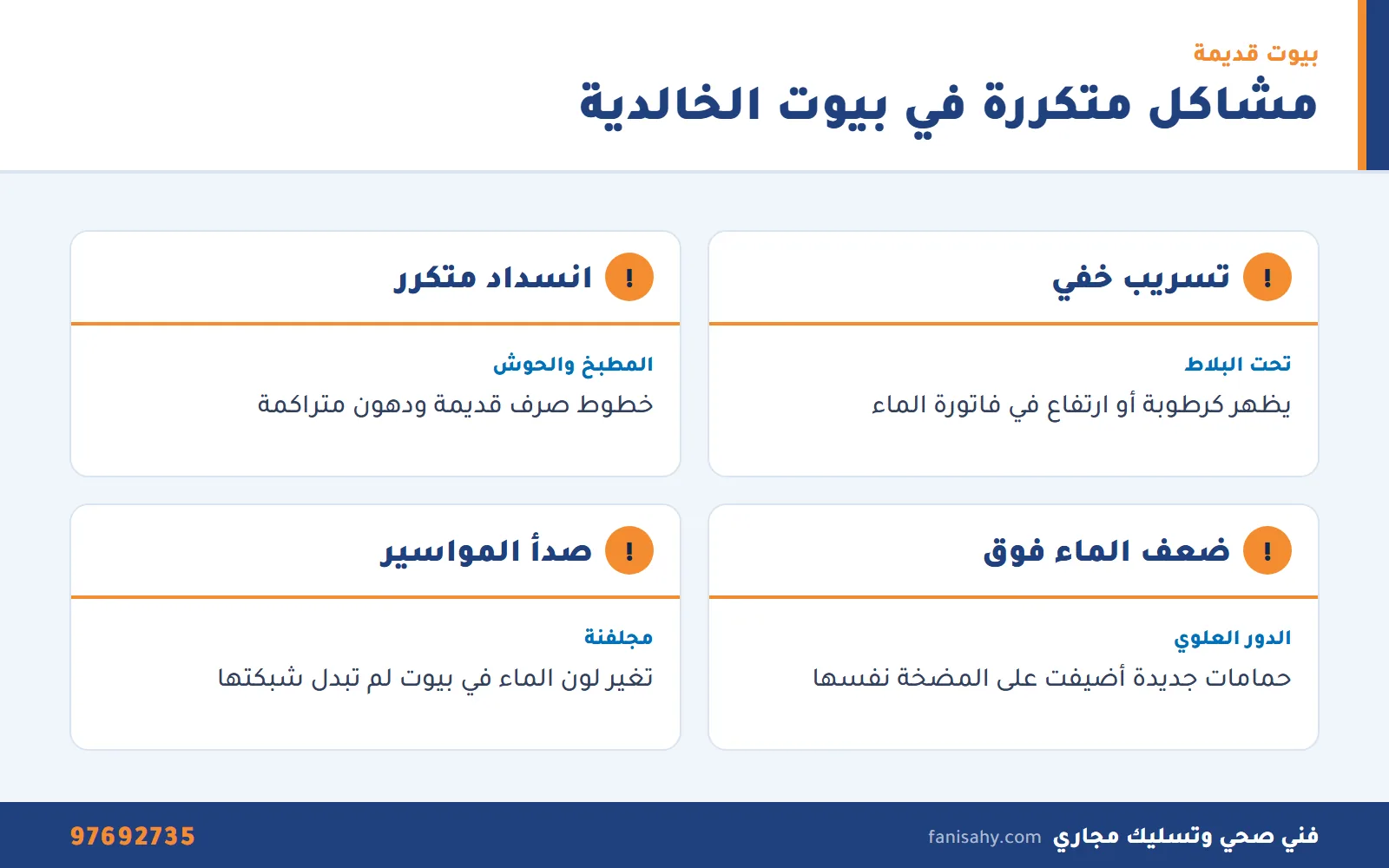 إنفوجرافيك بأكثر مشاكل السباكة في بيوت الخالدية القديمة التي يعالجها فني صحي جمعية الخالدية